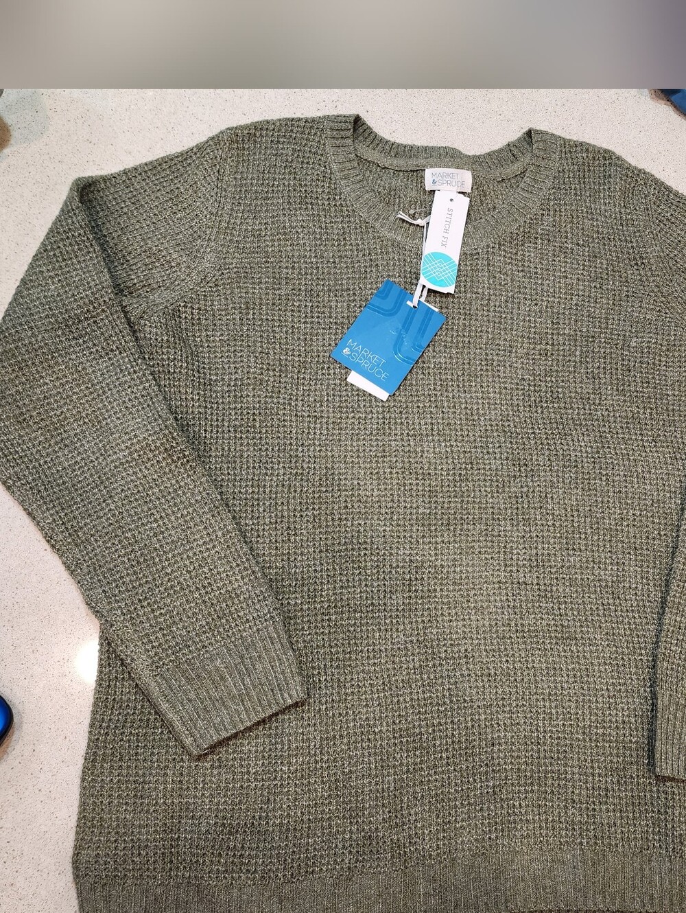 Market & Spruce Olive Waffle-Knit Crewneck Sweater